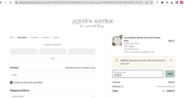 Jonny's Sister checkout page showing Jonny's Sister discount code box | Screenshot taken by SimplyCodes community member on Apr 22, 2023