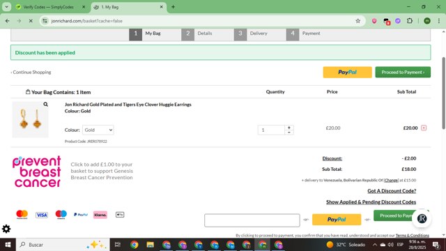 Jon Richard checkout page showing Jon Richard discount code box | Screenshot taken by SimplyCodes community member on Aug 28, 2025