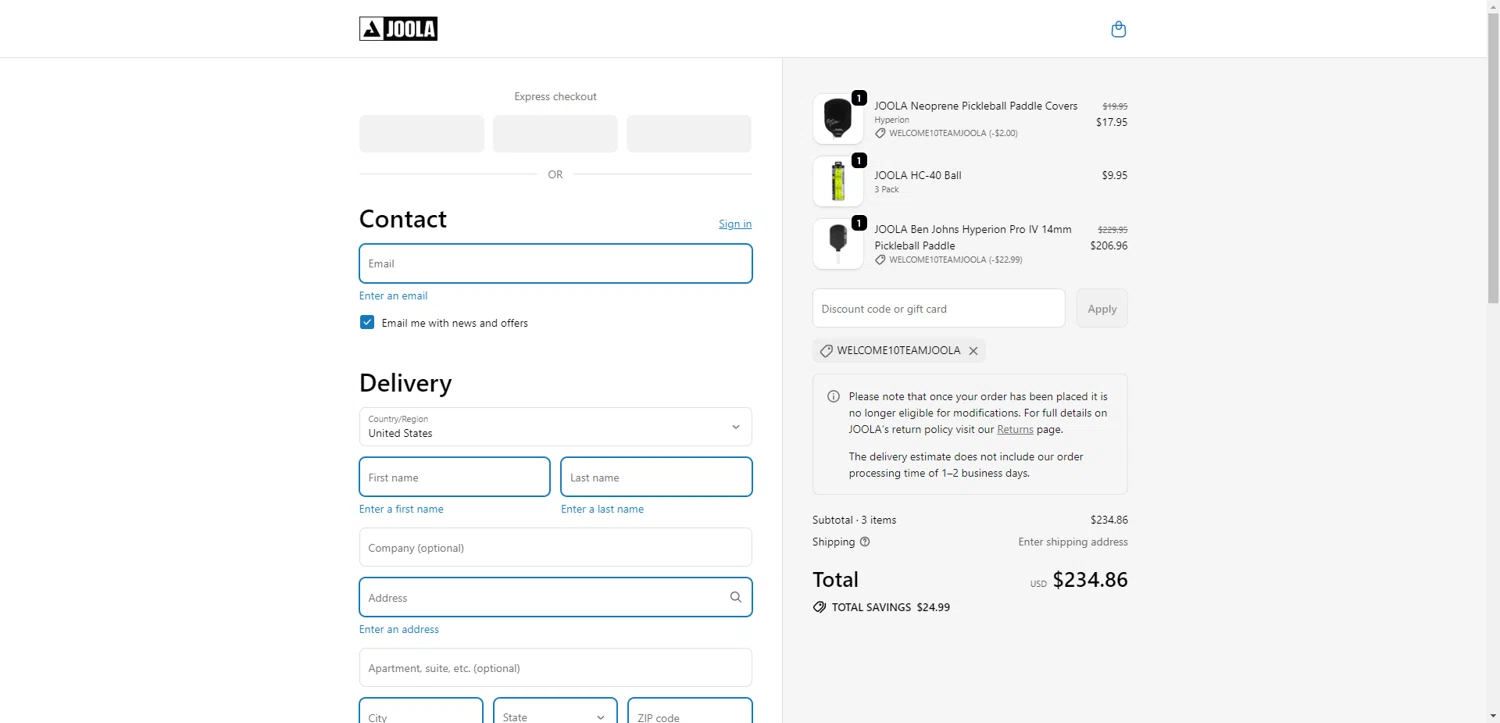 Joola USA promo code screenshot showing code WELCOME10TEAMJOOLA applied at Joola USA checkout page. Uploaded by SimplyCodes community member PennyRanger8219 on Nov 15, 2025