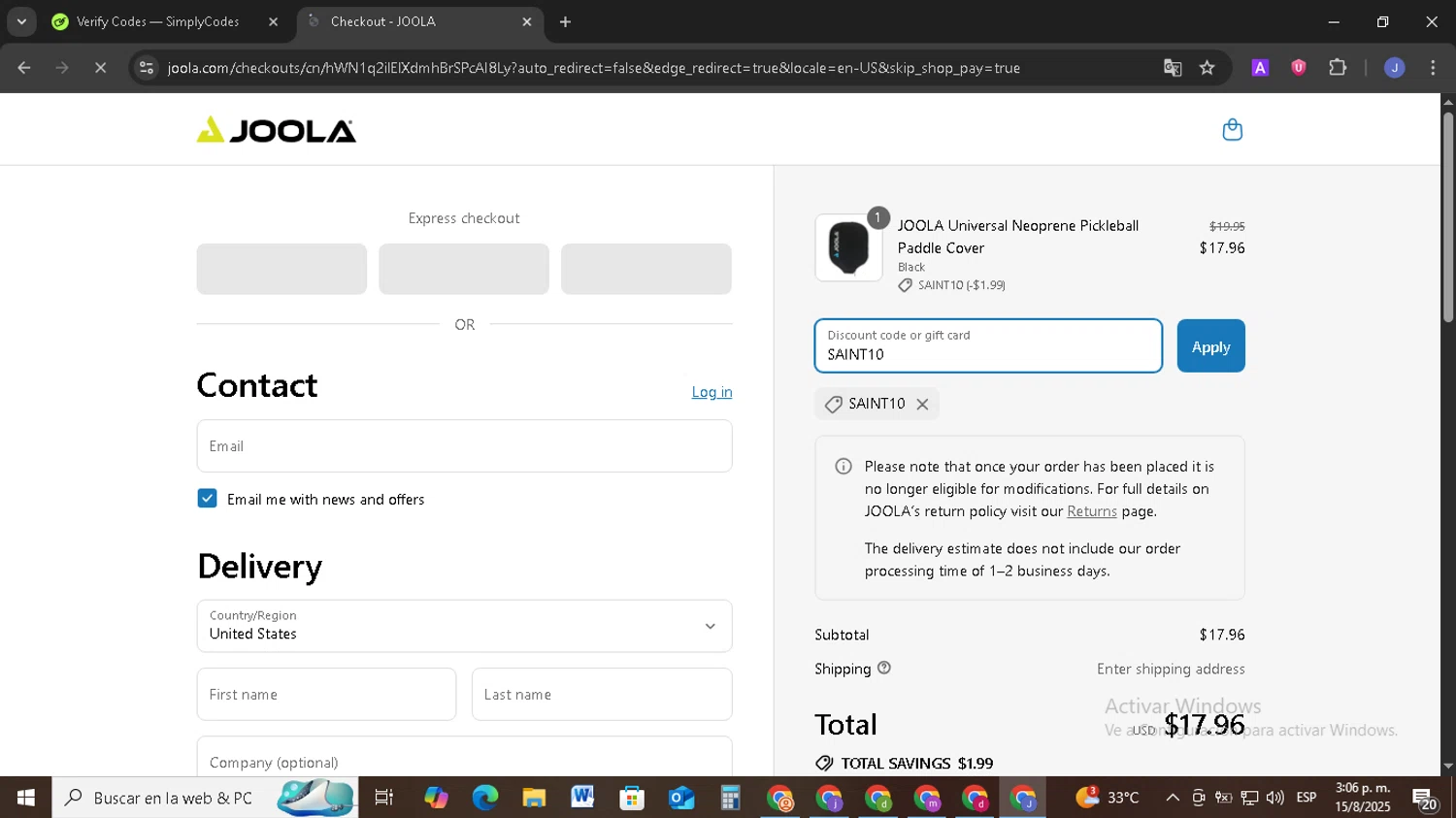 Joola USA promo code screenshot showing code SAINT10 applied at Joola USA checkout page. Uploaded by SimplyCodes community member EpicSage3474 on Aug 15, 2025