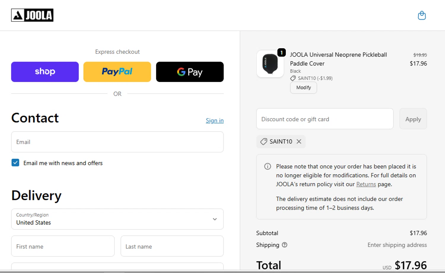 Joola USA promo code screenshot showing code SAINT10 applied at Joola USA checkout page. Uploaded by SimplyCodes community member Stun333 on Nov 27, 2025