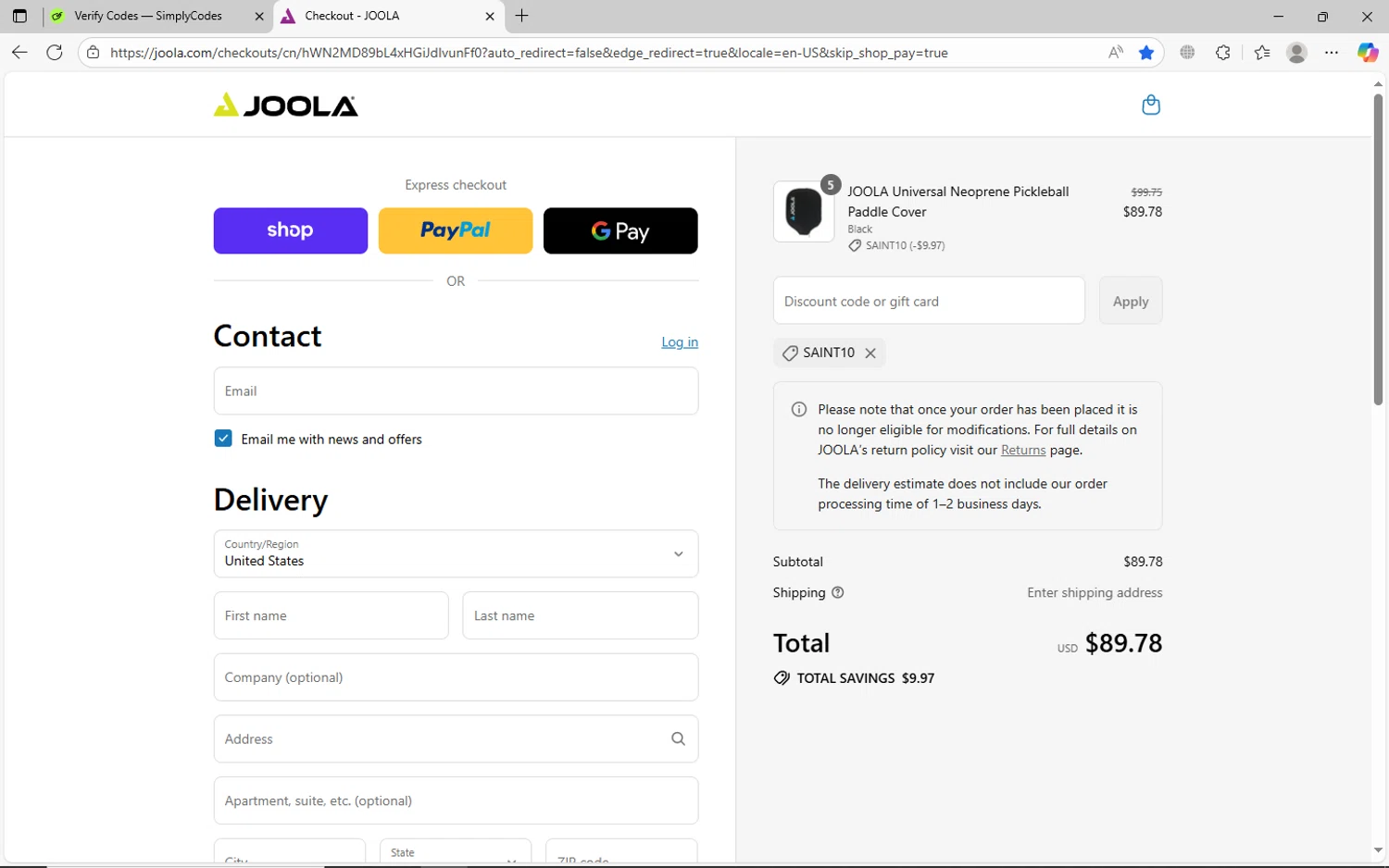 Joola USA promo code screenshot showing code SAINT10 applied at Joola USA checkout page. Uploaded by SimplyCodes community member jechtff10 on Aug 29, 2025
