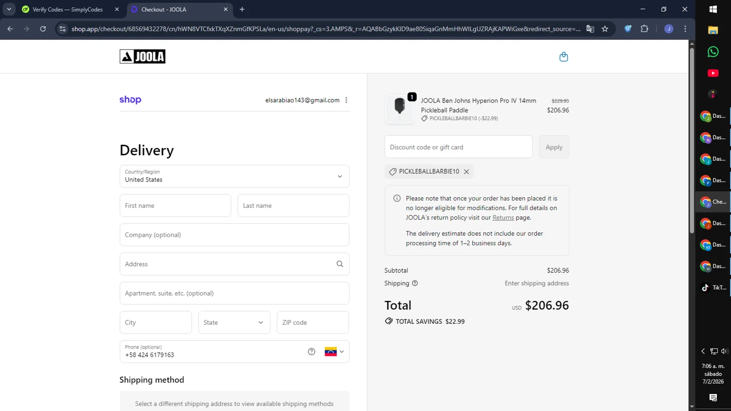 Joola USA promo code screenshot showing code Pickleballbarbie10 applied at Joola USA checkout page. Uploaded by SimplyCodes community member CouponGuardian8137 on Feb 7, 2026
