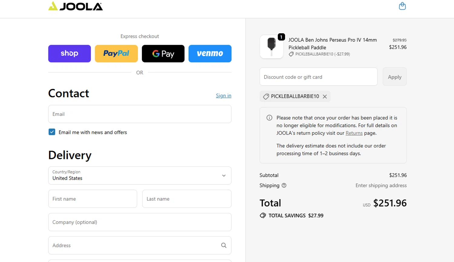Joola USA promo code screenshot showing code Pickleballbarbie10 applied at Joola USA checkout page. Uploaded by SimplyCodes community member VictoriousFinder8211 on Oct 5, 2025