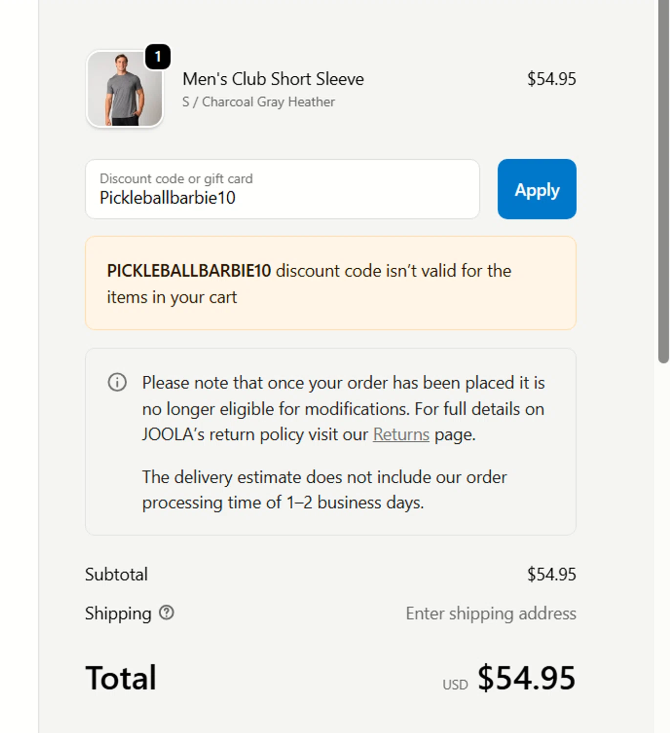 Joola USA promo code screenshot showing code Pickleballbarbie10 applied at Joola USA checkout page. Uploaded by SimplyCodes community member mangoBajito1543 on Sep 19, 2025