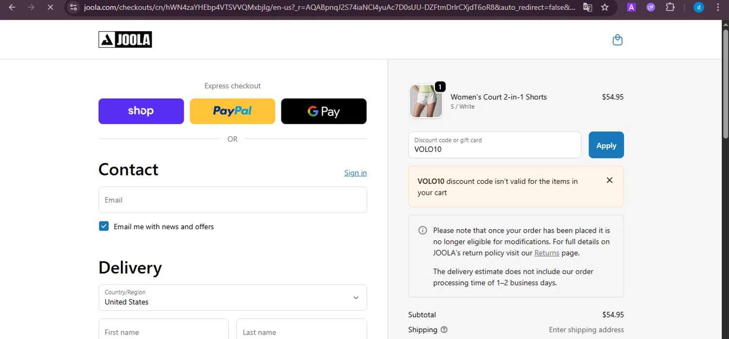 Joola USA promo code screenshot showing code VOLO10 applied at Joola USA checkout page. Uploaded by SimplyCodes community member ShieldKnight4744 on Nov 6, 2025