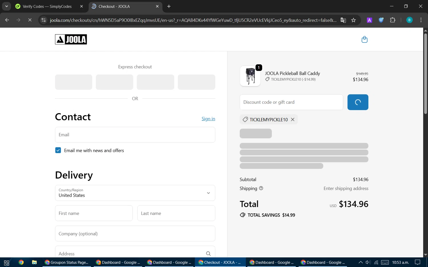 Joola USA promo code screenshot showing code TICKLEMYPICKLE10 applied at Joola USA checkout page. Uploaded by SimplyCodes community member CleverPilot5845 on Nov 12, 2025