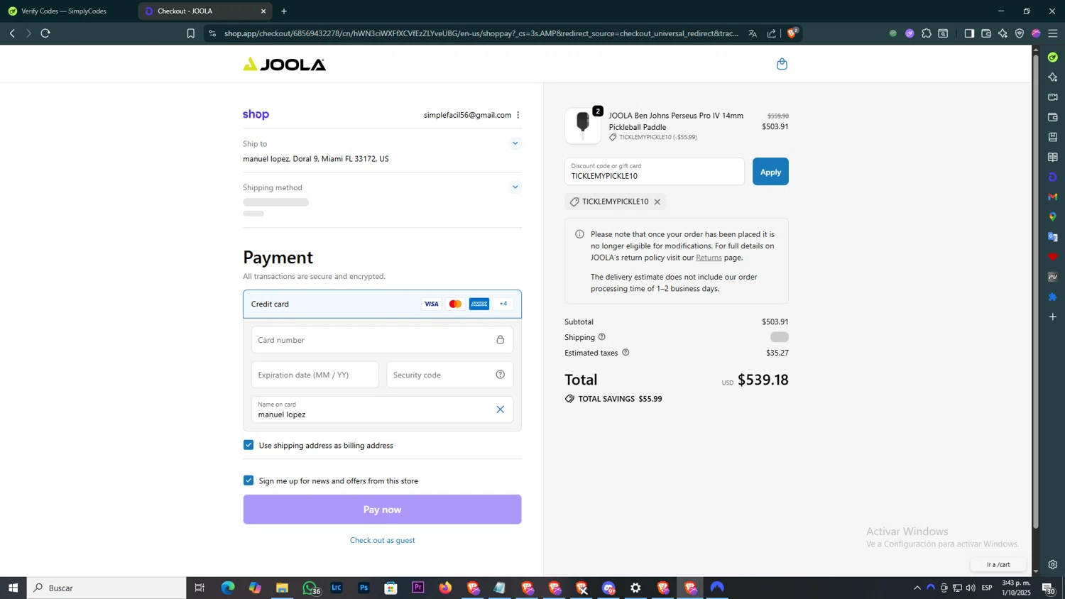 Joola USA promo code screenshot showing code TICKLEMYPICKLE10 applied at Joola USA checkout page. Uploaded by SimplyCodes community member ELHIJOEMILA on Oct 1, 2025