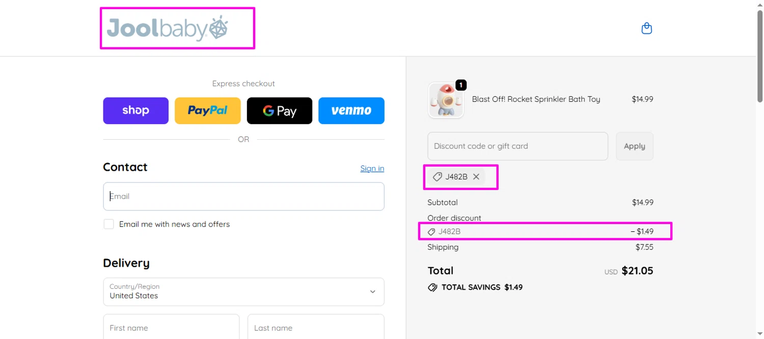 Jool Baby Products promo code screenshot showing code J482B applied at Jool Baby Products checkout page. Uploaded by SimplyCodes community member mrdarcy on Nov 6, 2025
