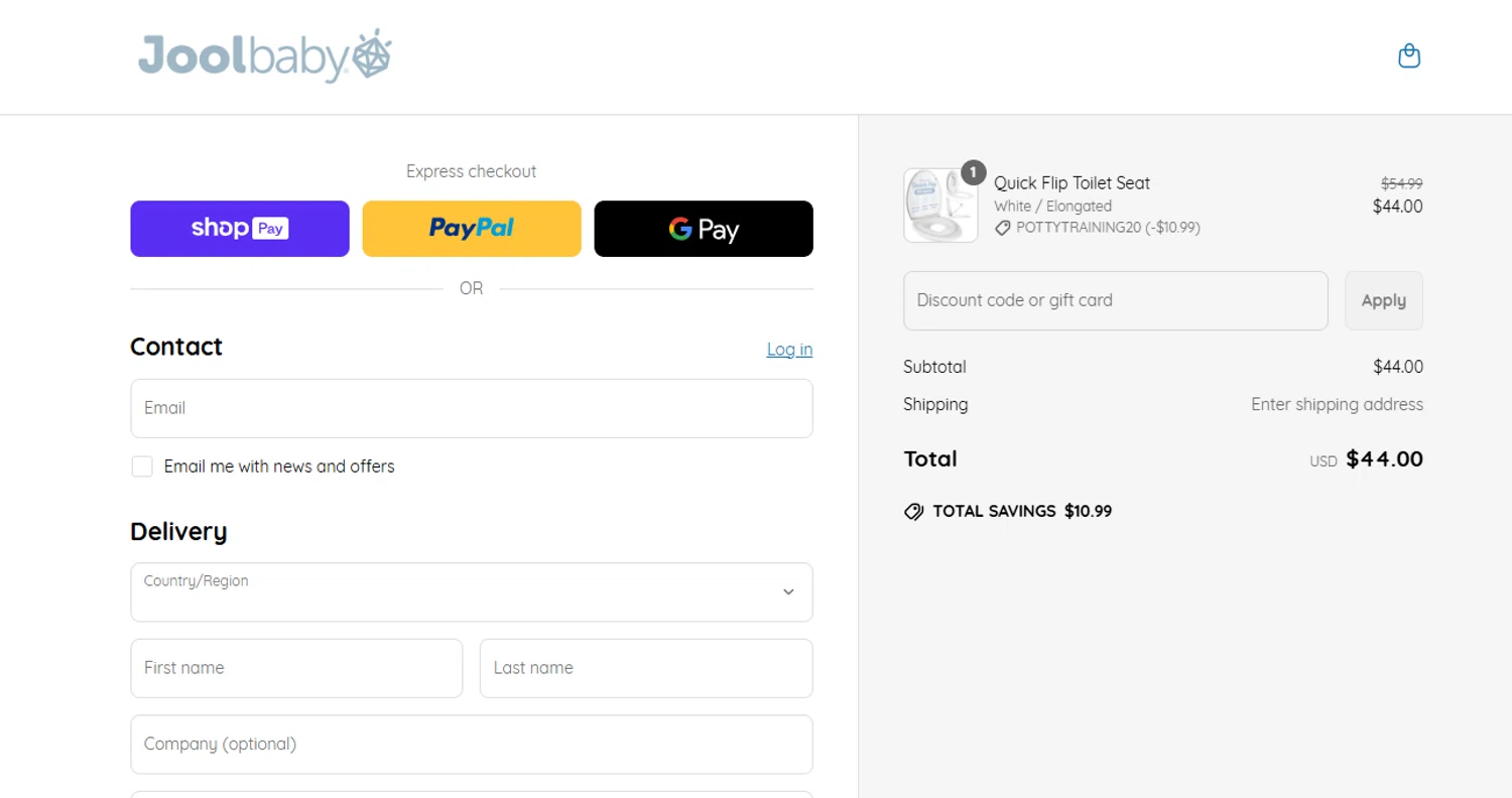 Jool Baby Products promo code screenshot showing code POTTYTRAINING20 applied at Jool Baby Products checkout page. Uploaded by SimplyCodes community member reimalave10 on Jun 15, 2025