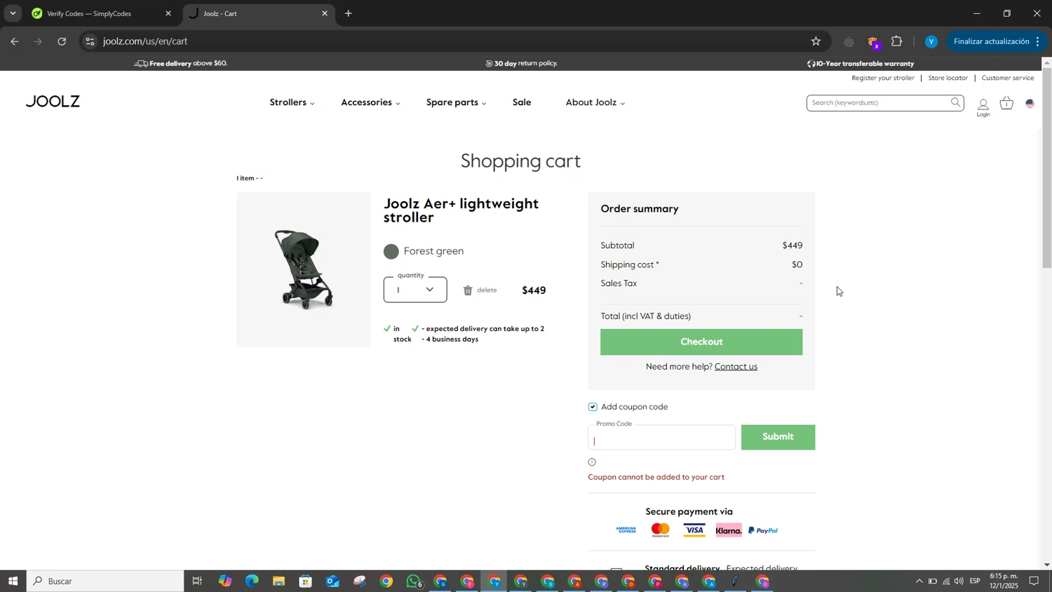 Joolz coupon code screenshot showing code JOOLZBF2024 applied at Joolz checkout page. Uploaded by SimplyCodes community member QuestMaven2378 on Jan 12, 2025