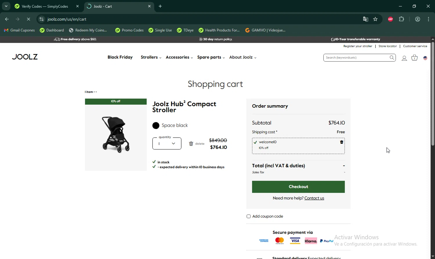 Joolz coupon code screenshot showing code WELCOME10 applied at Joolz checkout page. Uploaded by SimplyCodes community member LHaunter on Nov 29, 2025
