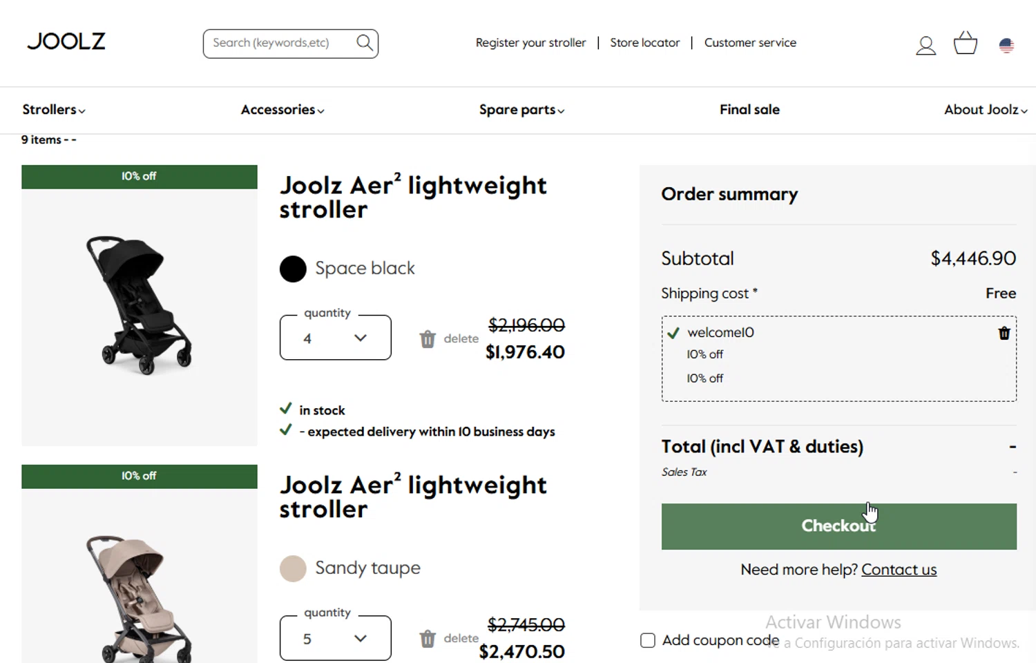 Joolz coupon code screenshot showing code WELCOME10 applied at Joolz checkout page. Uploaded by SimplyCodes community member ligthYA on Sep 24, 2025