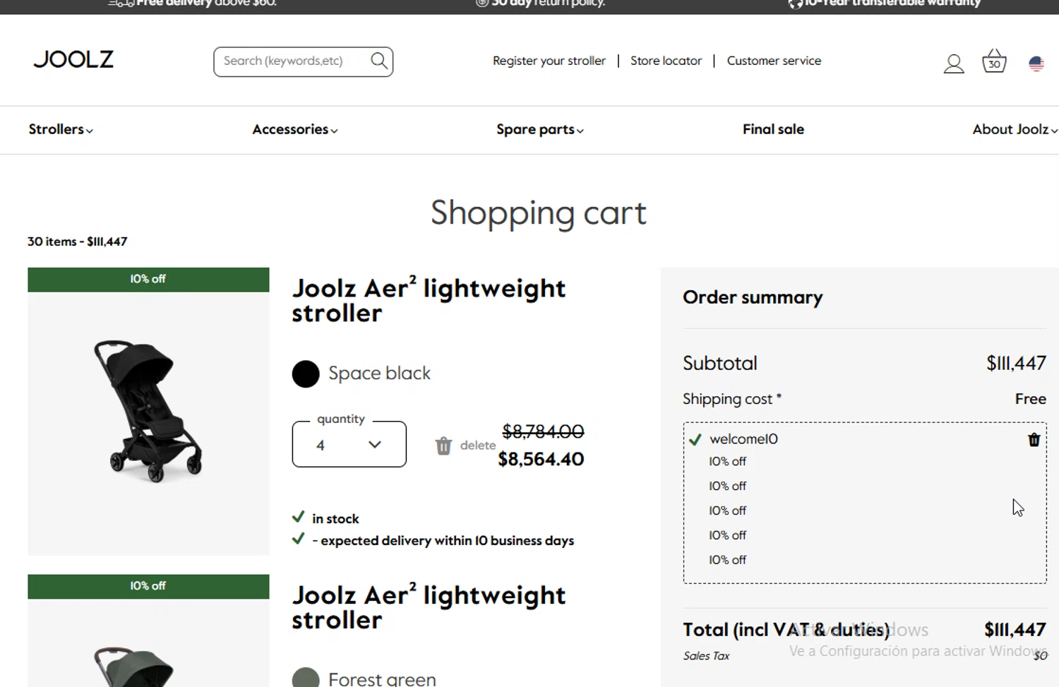 Joolz coupon code screenshot showing code WELCOME10 applied at Joolz checkout page. Uploaded by SimplyCodes community member ligthYA on Aug 26, 2025