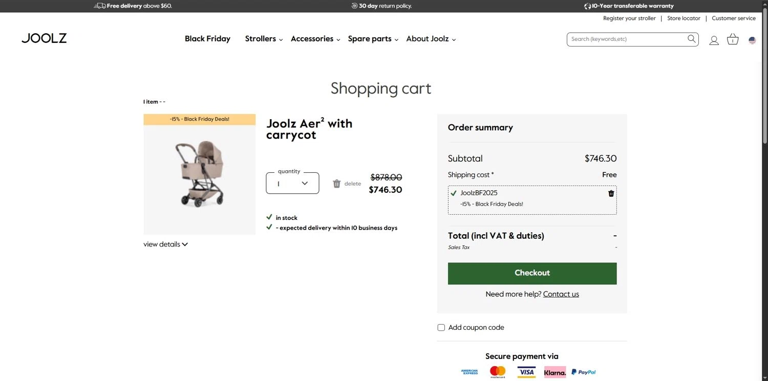 Joolz coupon code screenshot showing code JoolzBF2025 applied at Joolz checkout page. Uploaded by SimplyCodes community member Depressive on Nov 26, 2025