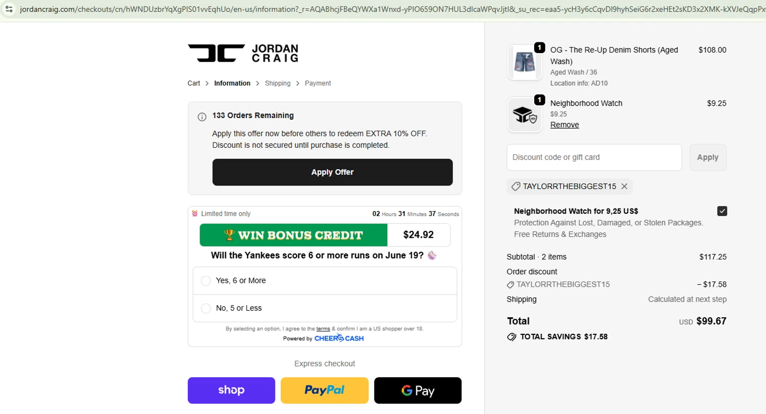 Jordan Craig promo code screenshot showing code TAYLORRTHEBIGGEST15 applied at Jordan Craig checkout page. Uploaded by SimplyCodes community member 415464564565 on Jun 18, 2026