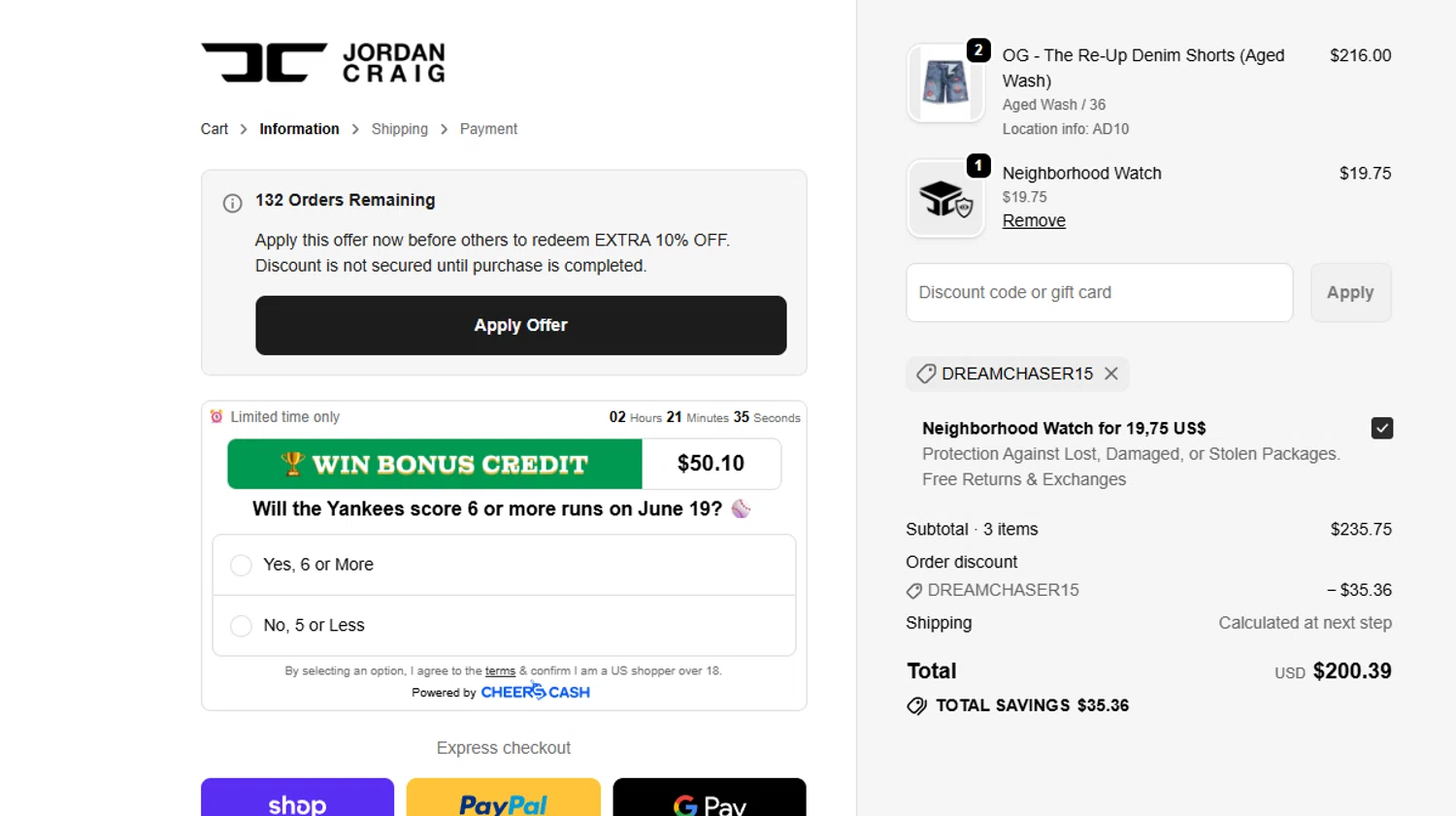 Jordan Craig promo code screenshot showing code DREAMCHASER15 applied at Jordan Craig checkout page. Uploaded by SimplyCodes community member 564656554985261421 on Jun 18, 2026