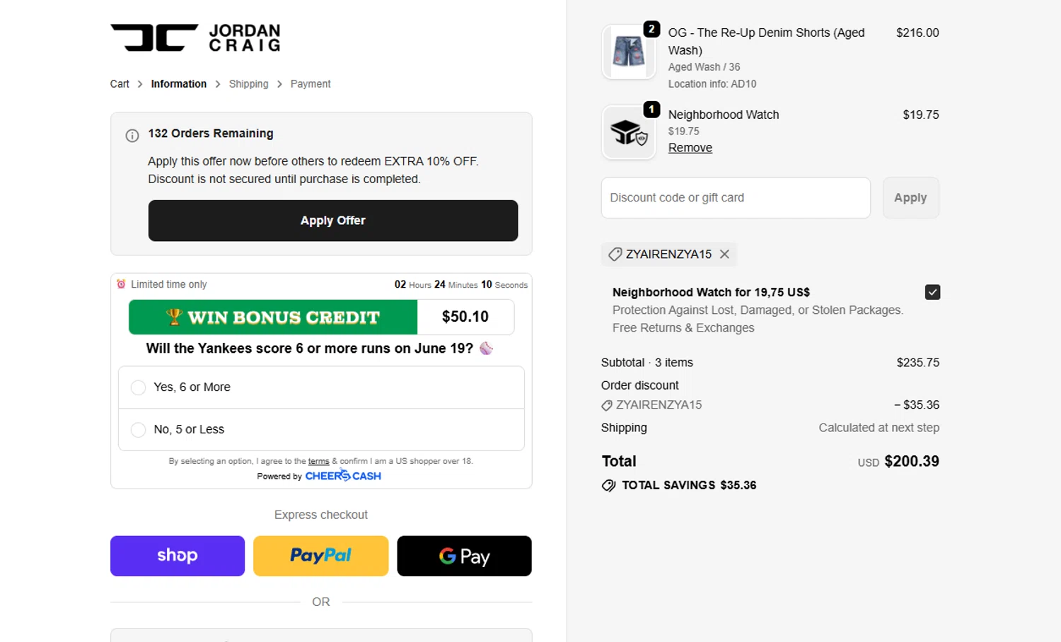Jordan Craig promo code screenshot showing code ZYAIRENZYA15 applied at Jordan Craig checkout page. Uploaded by SimplyCodes community member 56484654654545 on Jun 18, 2026