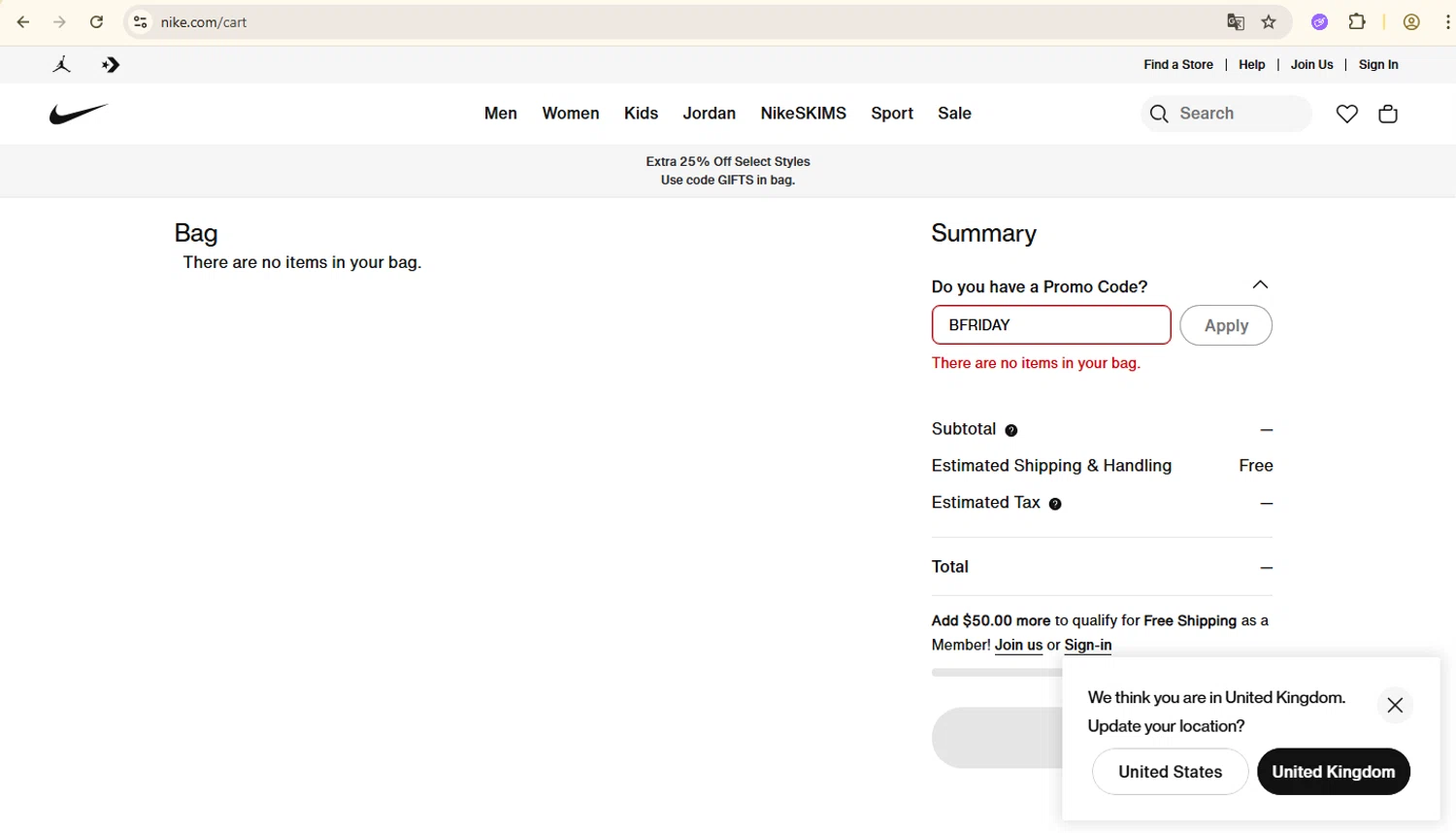 Jordan promo code screenshot showing code BFRIDAY applied at Jordan checkout page. Uploaded by SimplyCodes community member LegendarySage5106 on Dec 7, 2025