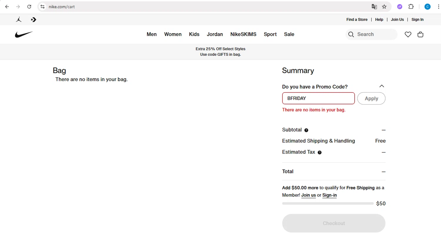 Jordan promo code screenshot showing code BFRIDAY applied at Jordan checkout page. Uploaded by SimplyCodes community member PromoBoss9319 on Dec 7, 2025