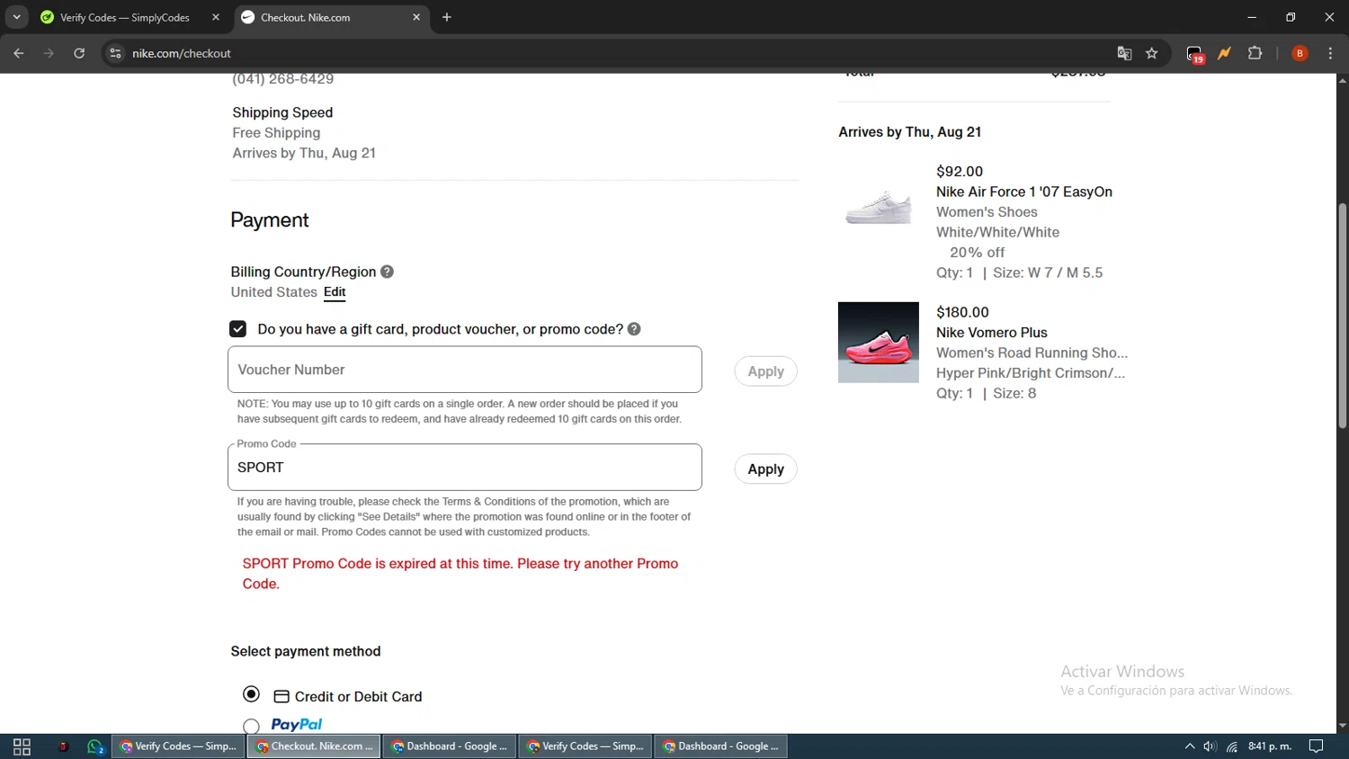 Jordan promo code screenshot showing code SPORT applied at Jordan checkout page. Uploaded by SimplyCodes community member BrilliantLynx7174 on Aug 18, 2025