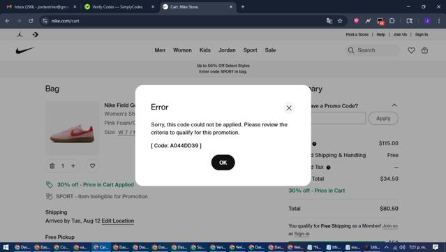 Jordan checkout page showing Jordan promo code box | Screenshot taken by SimplyCodes community member on Aug 3, 2025
