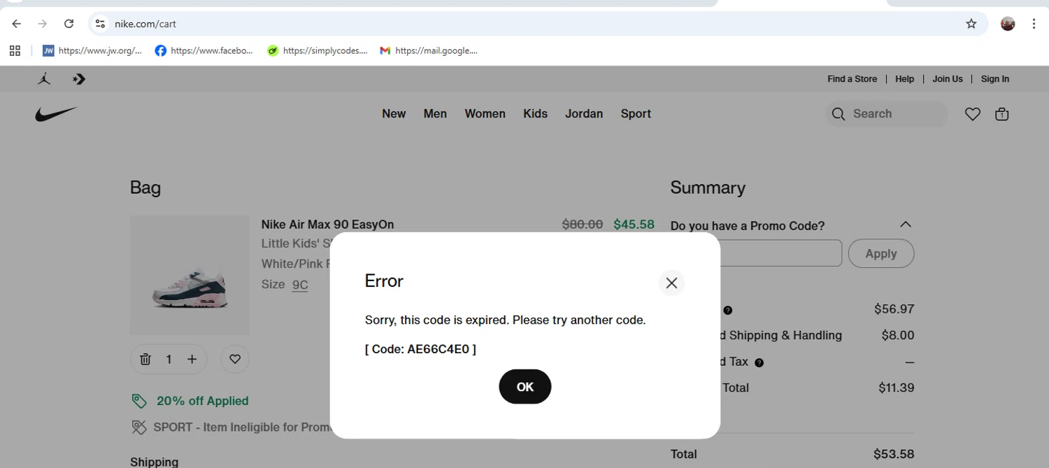 Jordan promo code screenshot showing code SPORT applied at Jordan checkout page. Uploaded by SimplyCodes community member MarinaDelgado on Aug 18, 2025