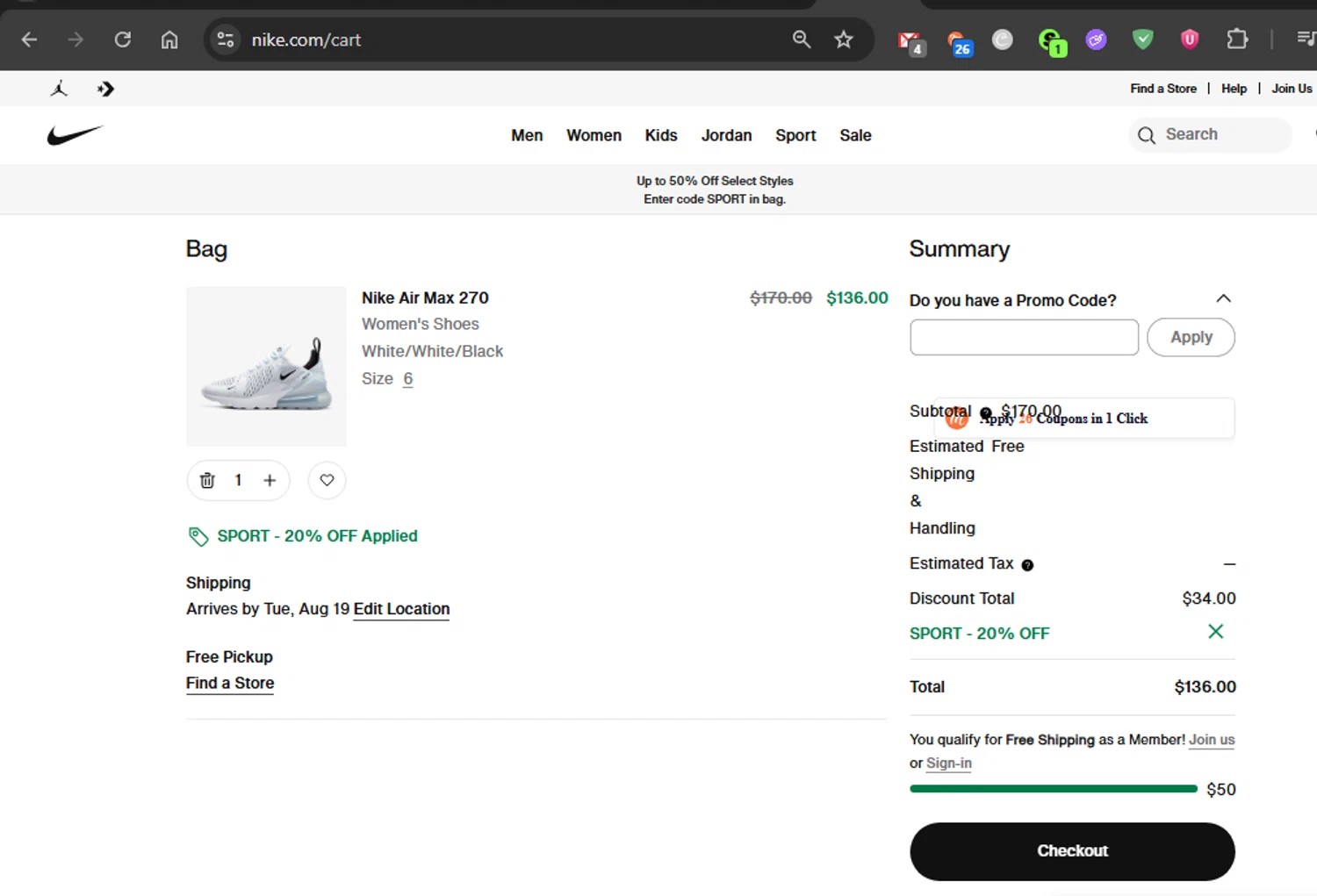 Jordan checkout page showing Jordan promo code box | Screenshot taken by SimplyCodes community member on Aug 10, 2025