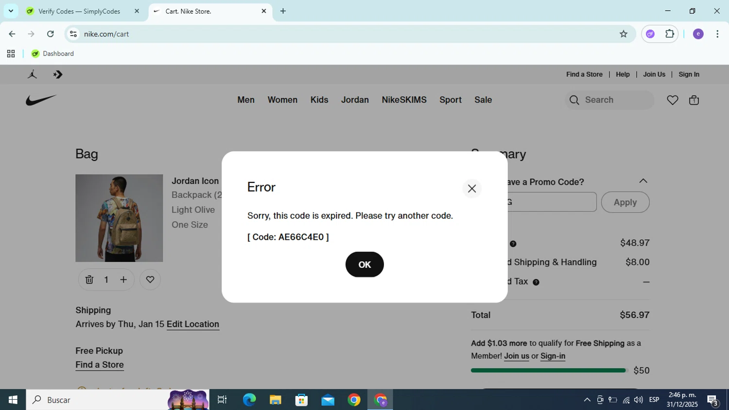 Jordan promo code screenshot showing code STRONG applied at Jordan checkout page. Uploaded by SimplyCodes community member Esteban14 on Dec 31, 2025