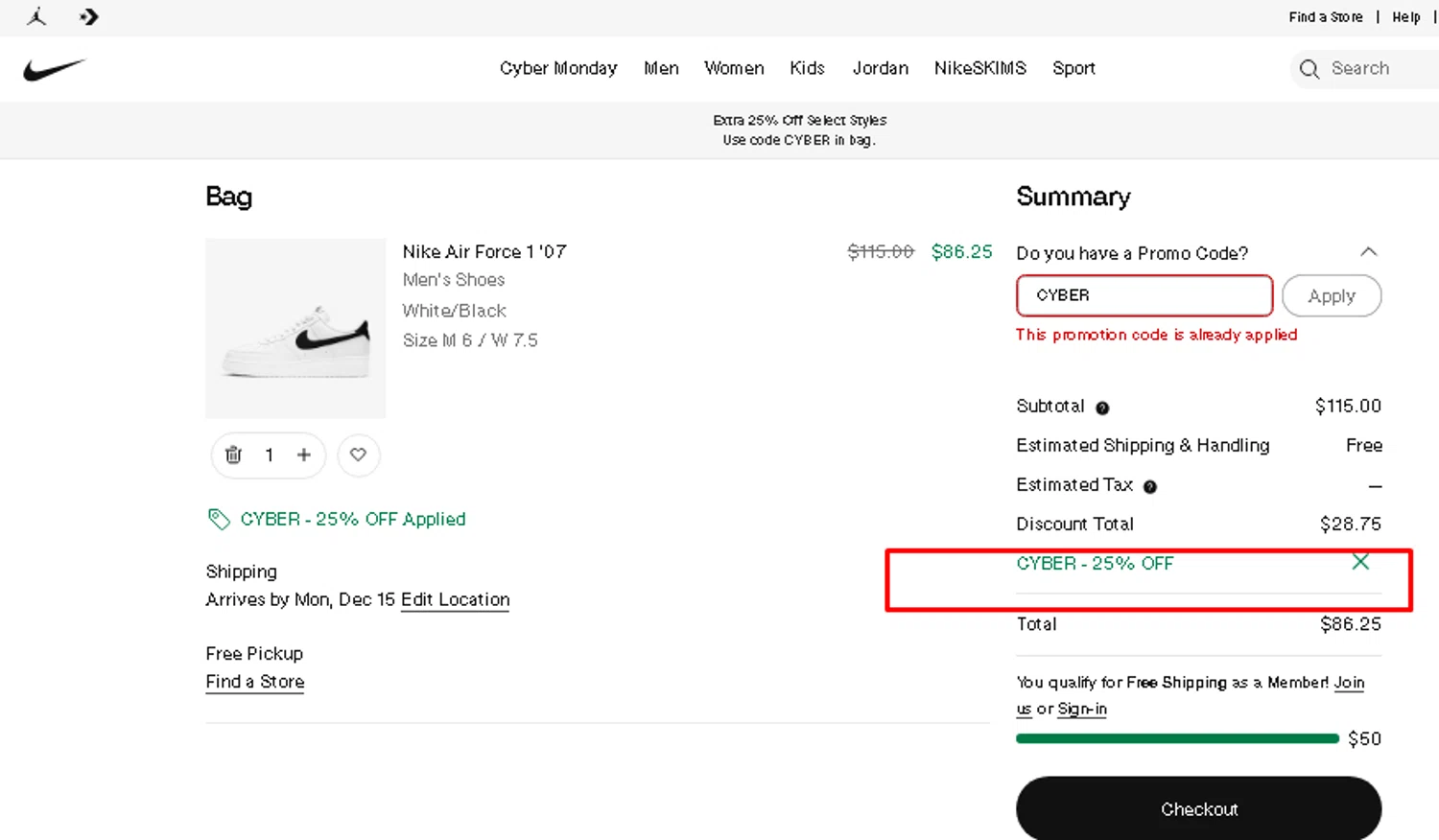 Jordan promo code screenshot showing code CYBER applied at Jordan checkout page. Uploaded by SimplyCodes community member AMANDA2681 on Dec 6, 2025