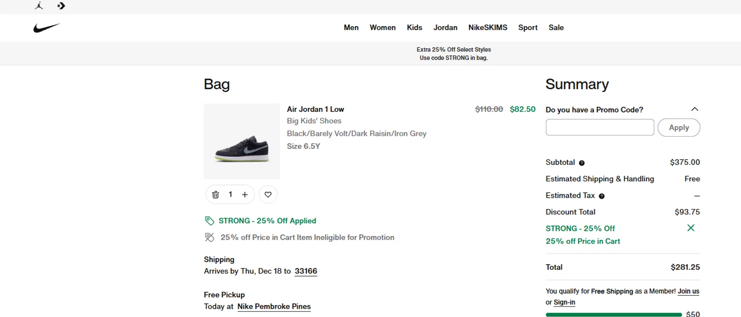 Jordan promo code screenshot showing code STRONG applied at Jordan checkout page. Uploaded by SimplyCodes community member DORIANGEL on Dec 14, 2025