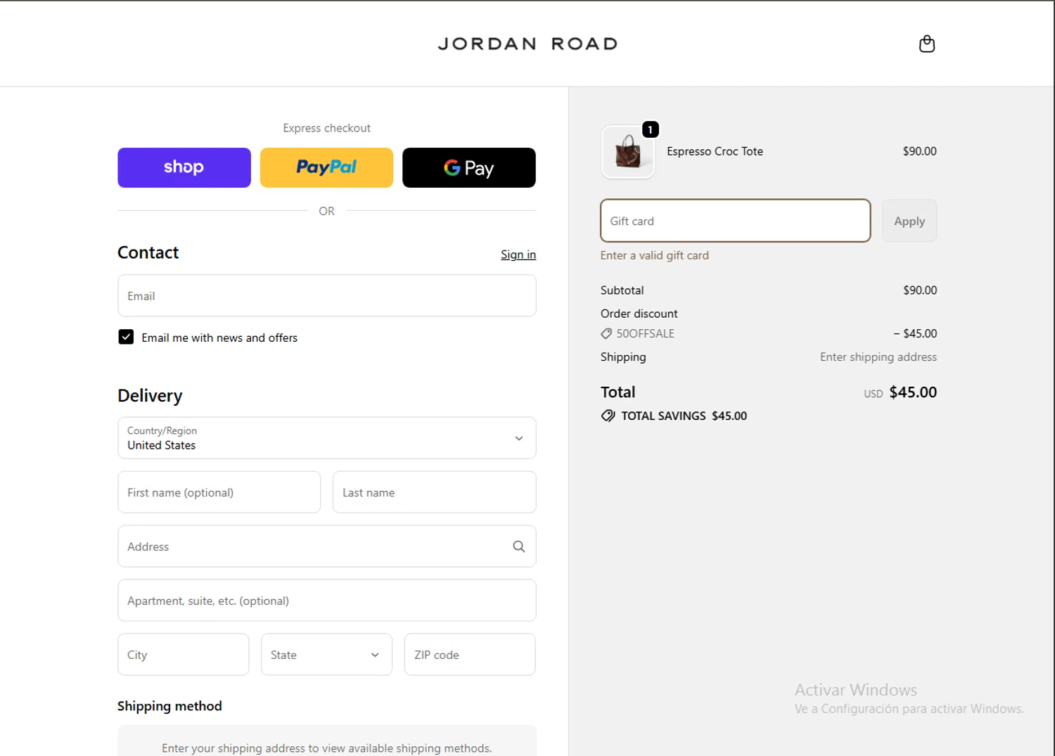 Jordan Road promo code screenshot showing code WELCOME10 applied at Jordan Road checkout page. Uploaded by SimplyCodes community member BudgetSage1378 on Nov 17, 2025