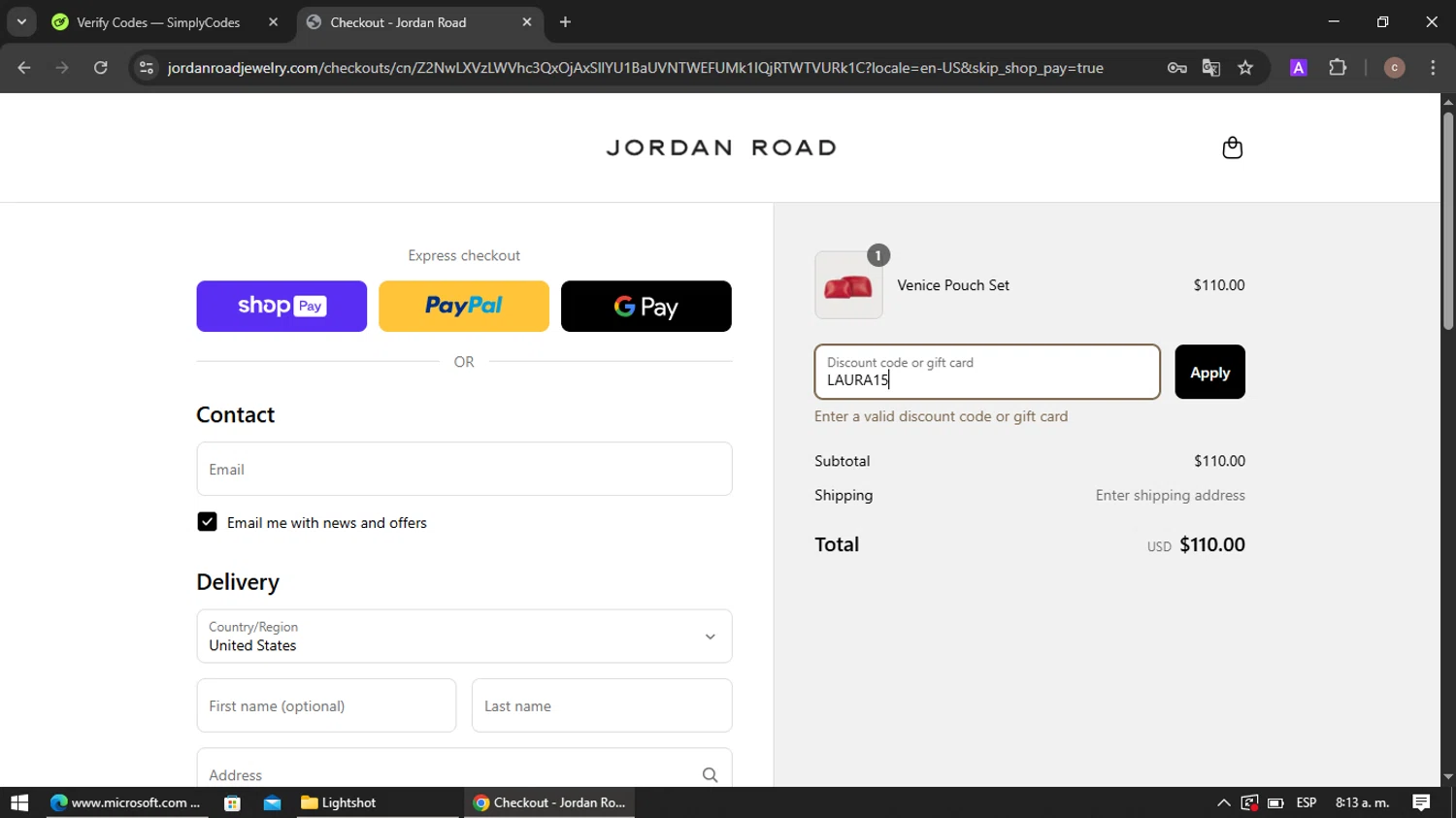 Jordan Road promo code screenshot showing code LAURA15 applied at Jordan Road checkout page. Uploaded by SimplyCodes community member VoucherRanger901 on Jun 29, 2025