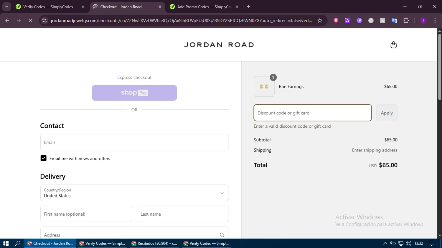 Jordan Road promo code screenshot showing code JORDANNA34 applied at Jordan Road checkout page. Uploaded by SimplyCodes community member thethru on Jun 14, 2025