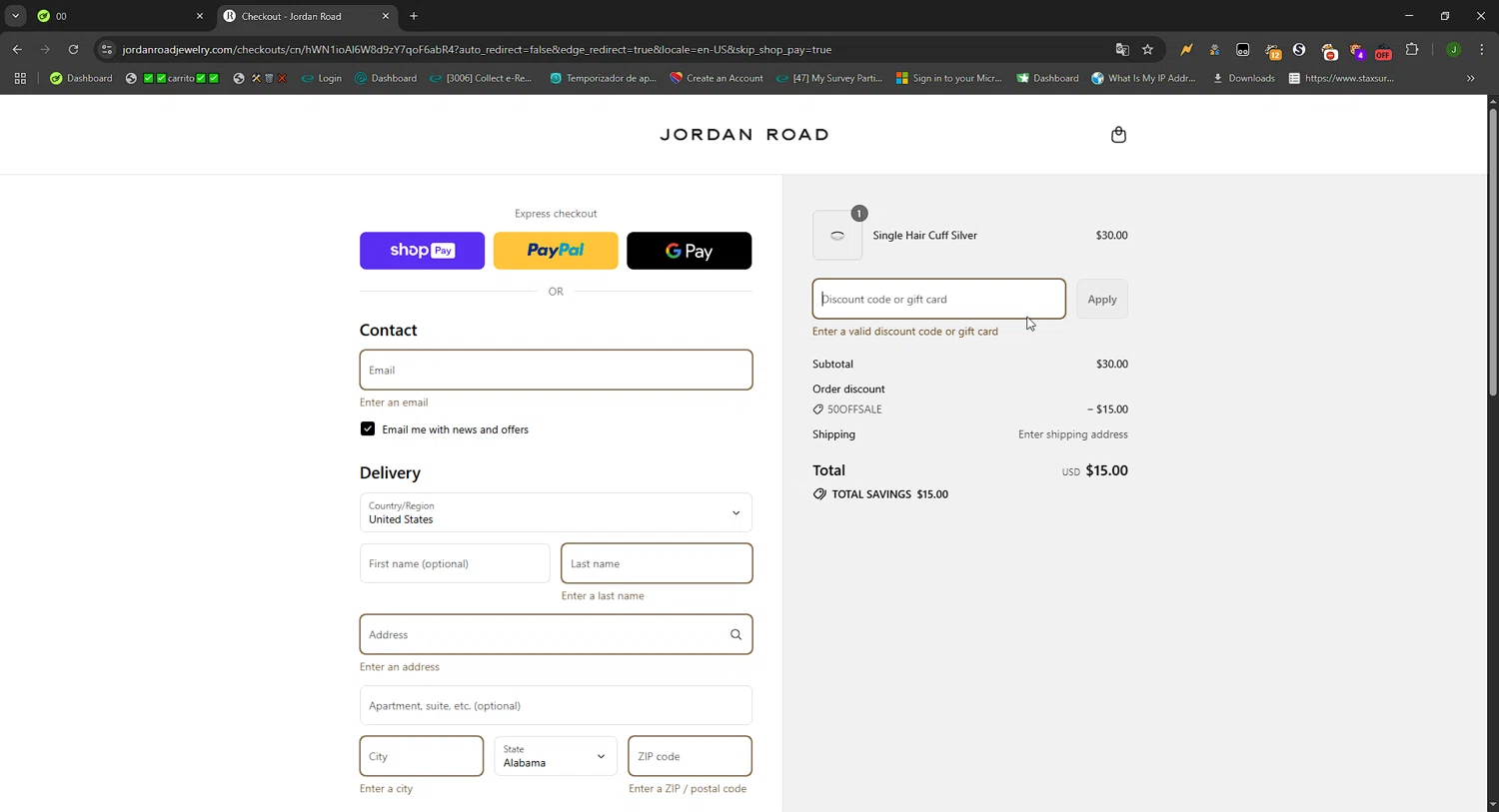Jordan Road promo code screenshot showing code 50%OFF applied at Jordan Road checkout page. Uploaded by SimplyCodes community member FortunateWizard717 on Aug 12, 2025