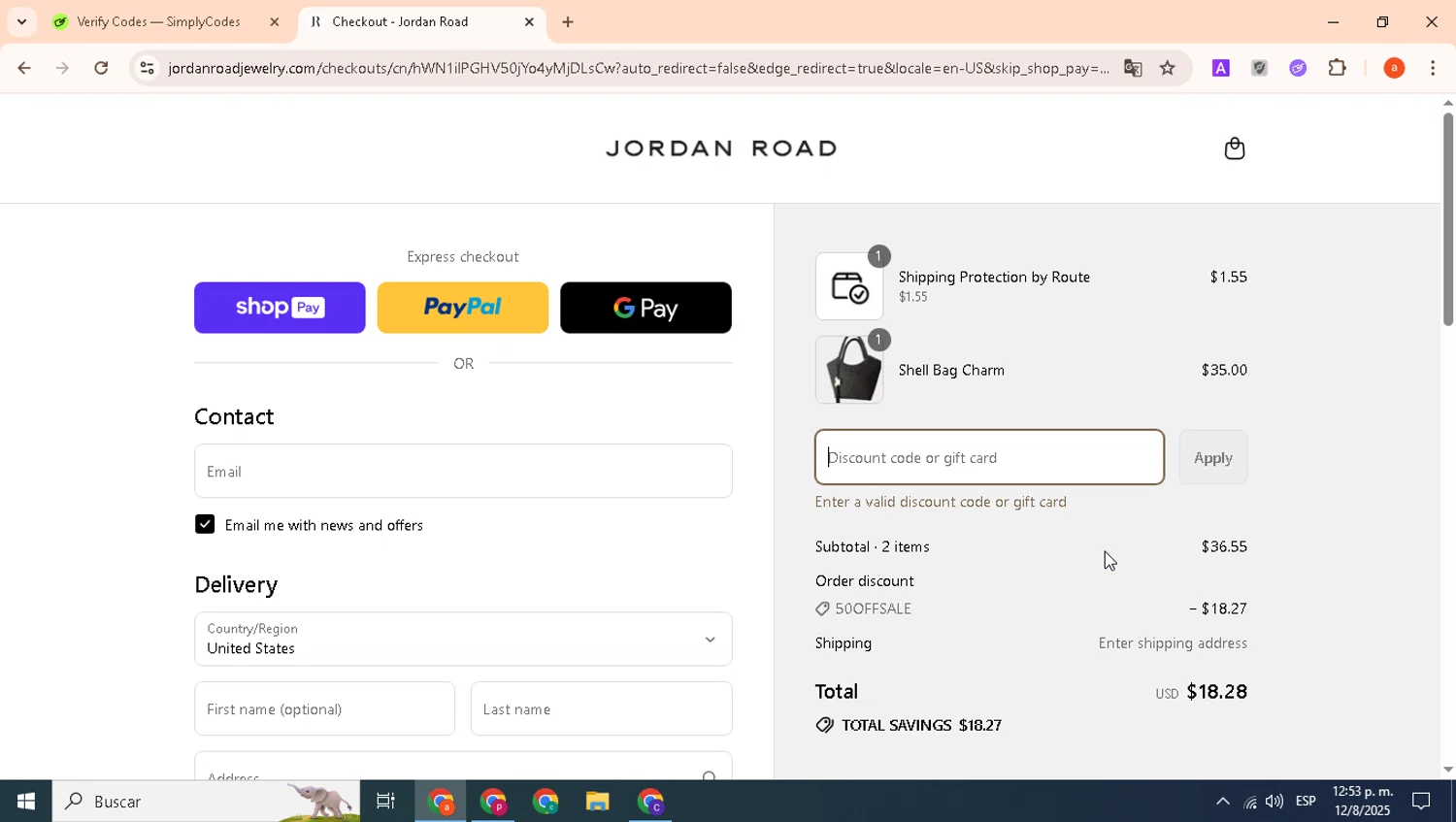 Jordan Road promo code screenshot showing code 50%OFF applied at Jordan Road checkout page. Uploaded by SimplyCodes community member bichota on Aug 12, 2025