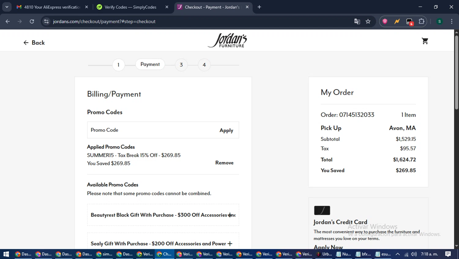 Jordan's Furniture checkout page showing Jordan's Furniture promo code box | Screenshot taken by SimplyCodes community member on Jul 14, 2025