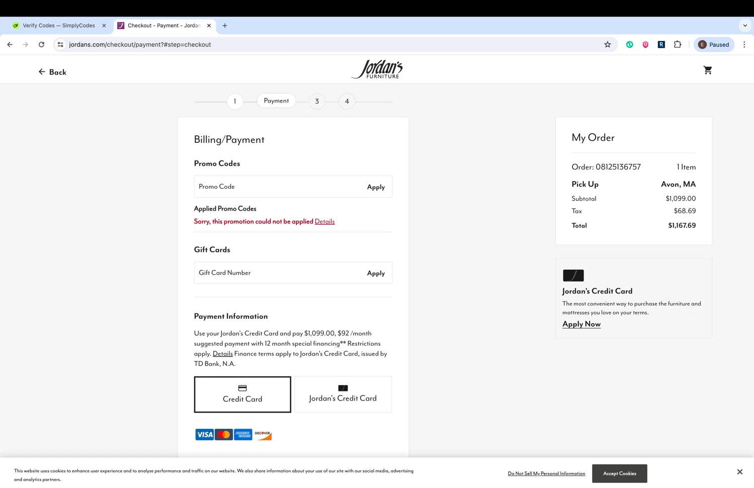 Jordan's Furniture promo code screenshot showing code SUMMER15 applied at Jordan's Furniture checkout page. Uploaded by SimplyCodes community member naimbethak on Aug 12, 2025