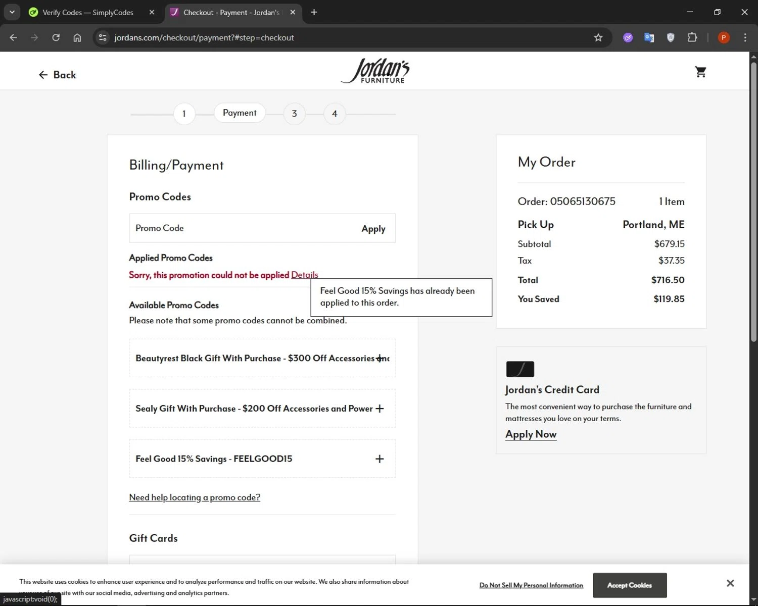 Jordan's Furniture checkout page showing Jordan's Furniture promo code box | Screenshot taken by SimplyCodes community member on May 6, 2025