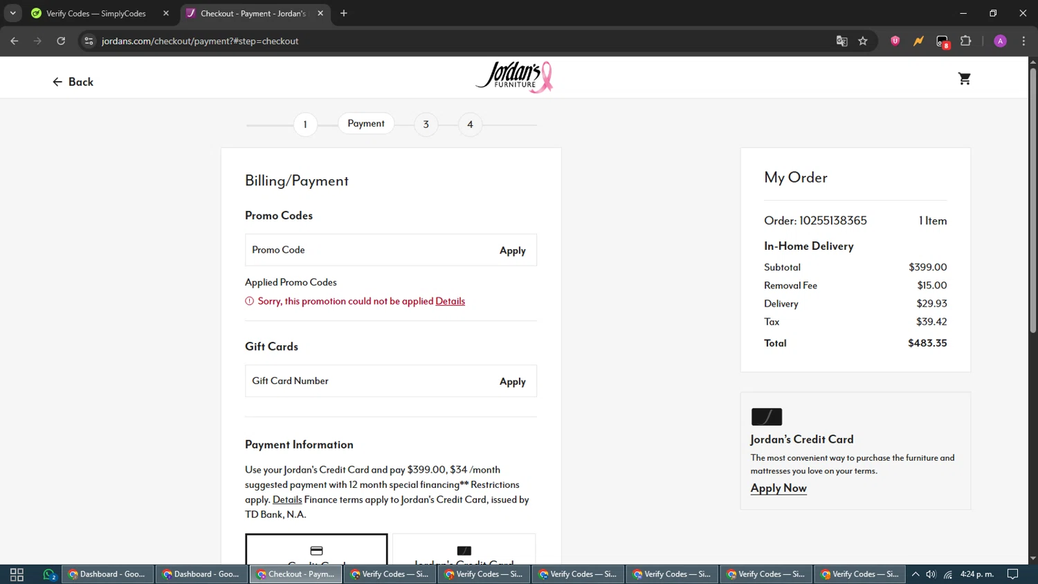 Jordan's Furniture promo code screenshot showing code FEELGOOD15 applied at Jordan's Furniture checkout page. Uploaded by SimplyCodes community member CouponScout5403 on Oct 25, 2025