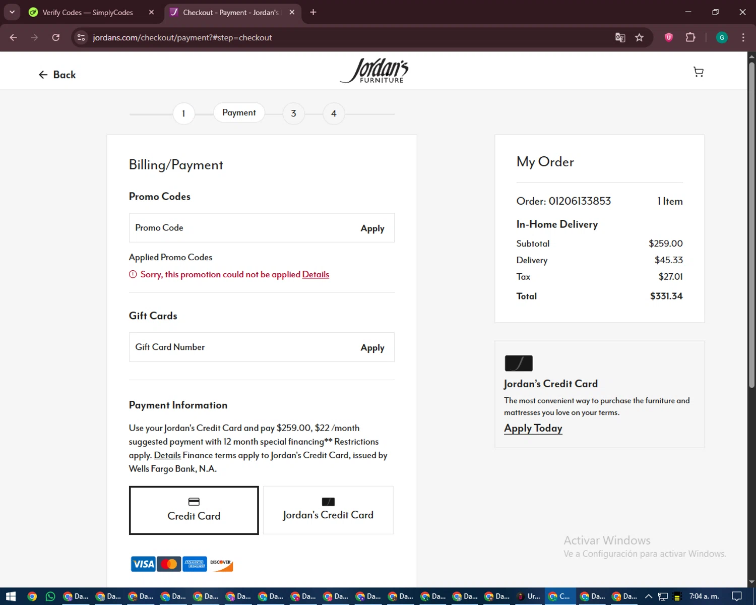 Jordan's Furniture promo code screenshot showing code FEELGOOD15 applied at Jordan's Furniture checkout page. Uploaded by SimplyCodes community member PennyFinder5759 on Jan 20, 2026