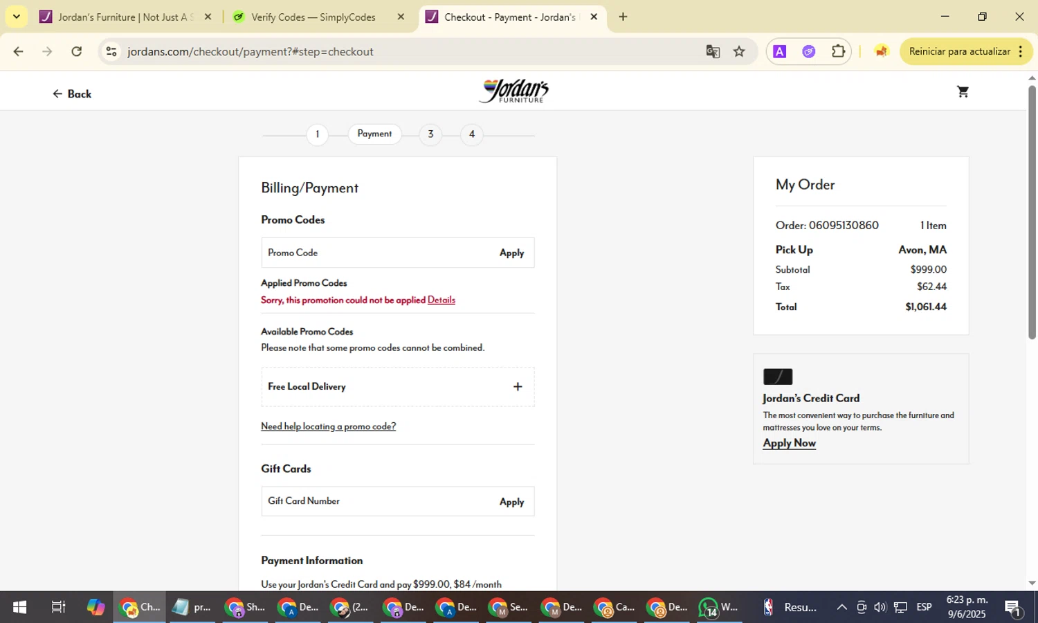 Jordan's Furniture promo code screenshot showing code LISTING10 applied at Jordan's Furniture checkout page. Uploaded by SimplyCodes community member NobleMonarch1787 on Jun 9, 2025