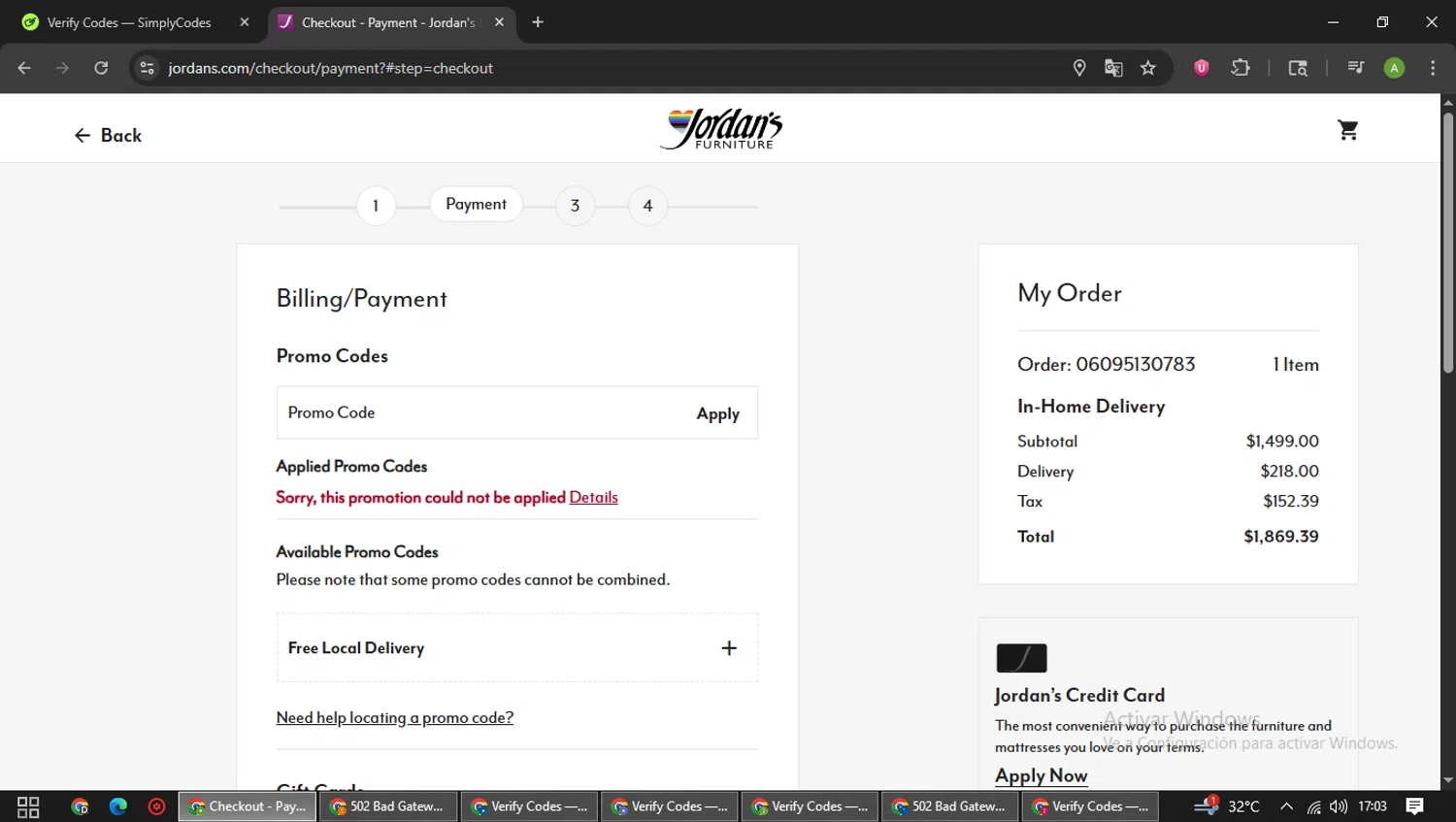 Jordan's Furniture promo code screenshot showing code LISTING10 applied at Jordan's Furniture checkout page. Uploaded by SimplyCodes community member SwiftFox3743 on Jun 9, 2025