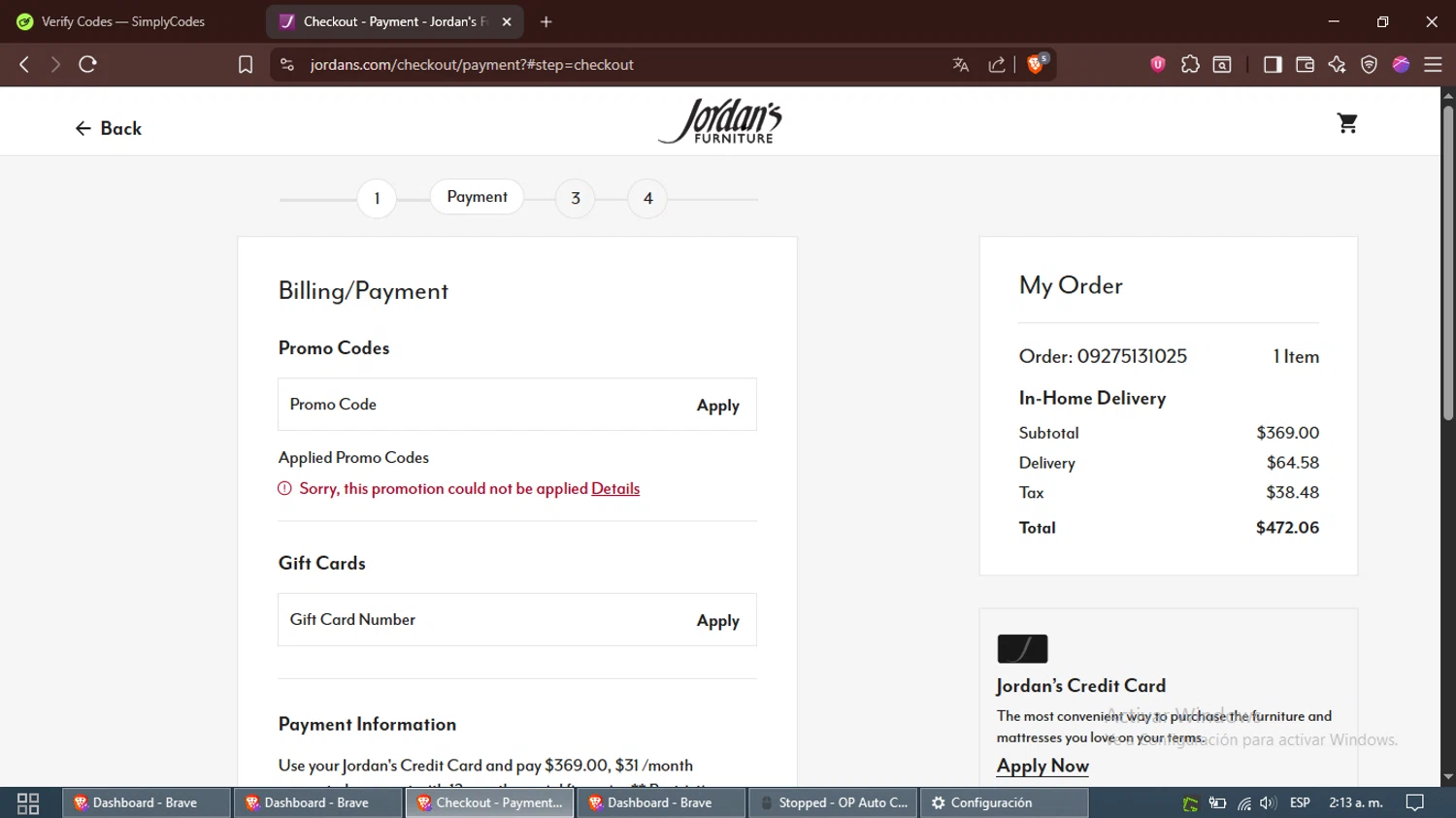 Jordan's Furniture promo code screenshot showing code DELIVERY25 applied at Jordan's Furniture checkout page. Uploaded by SimplyCodes community member Alfred on Sep 27, 2025