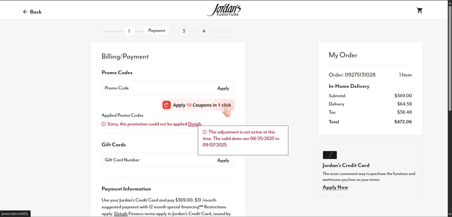 Jordan's Furniture promo code screenshot showing code DELIVERY25 applied at Jordan's Furniture checkout page. Uploaded by SimplyCodes community member Nicoletorres on Sep 27, 2025