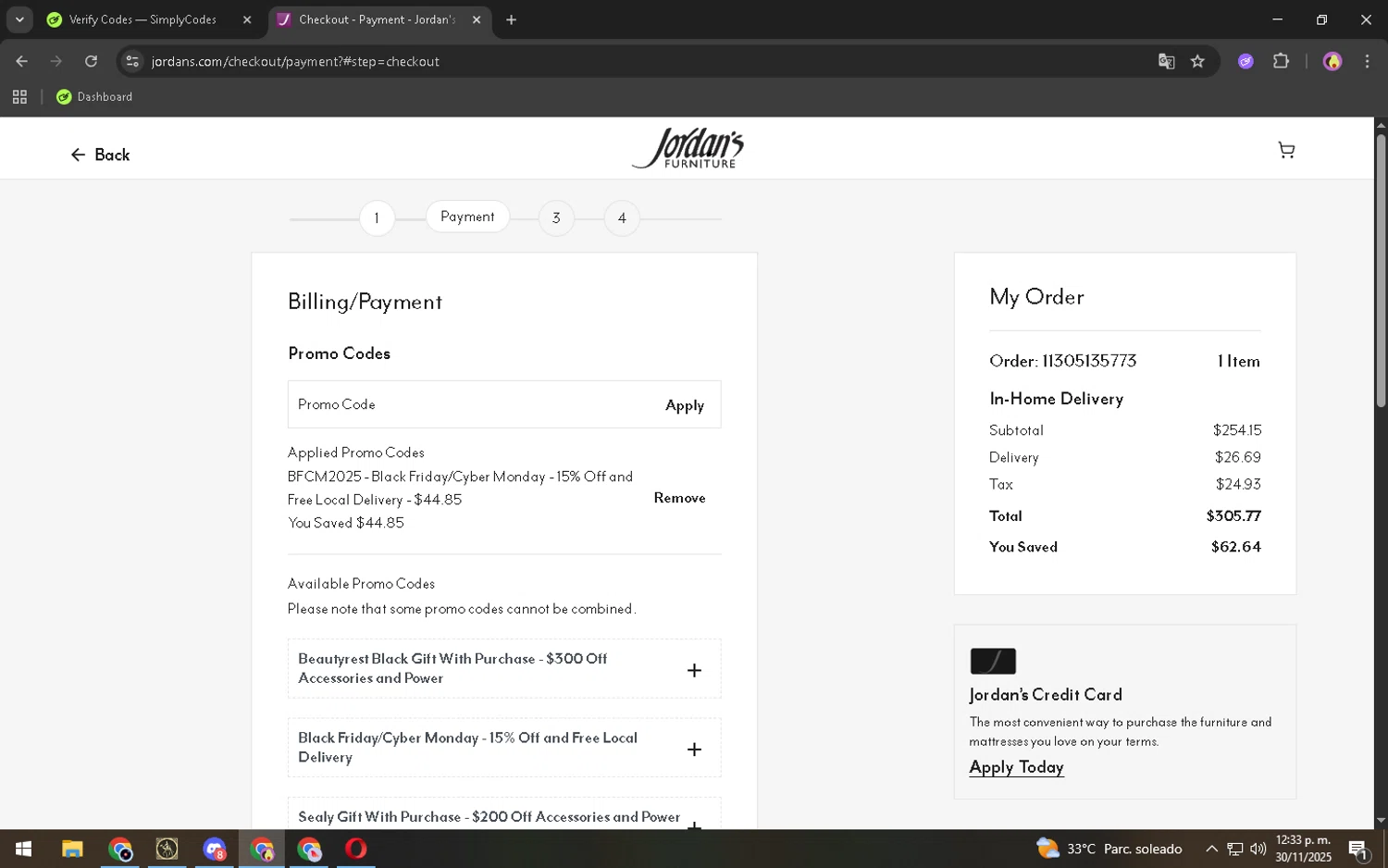 Jordan's Furniture promo code screenshot showing code BFCM2025 applied at Jordan's Furniture checkout page. Uploaded by SimplyCodes community member SilverShopper7946 on Nov 30, 2025