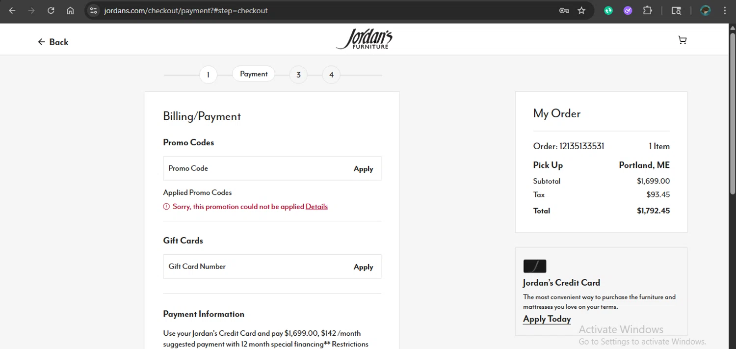 Jordan's Furniture promo code screenshot showing code BFCM2025 applied at Jordan's Furniture checkout page. Uploaded by SimplyCodes community member xAngel on Dec 13, 2025