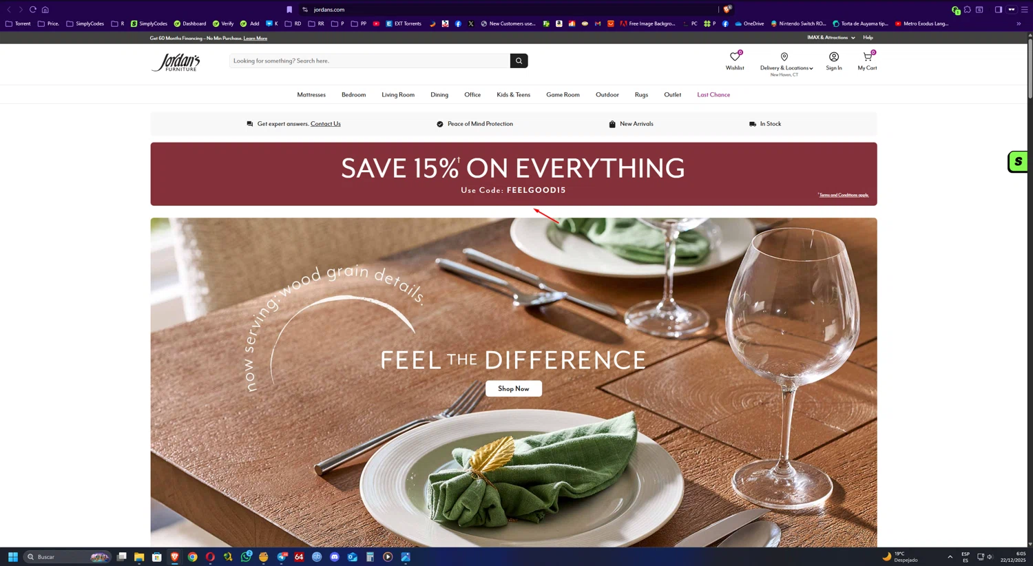 Jordan's Furniture promo code screenshot showing code FEELGOOD15 applied at Jordan's Furniture checkout page. Uploaded by SimplyCodes community member UnkNownVnzla on Dec 22, 2025