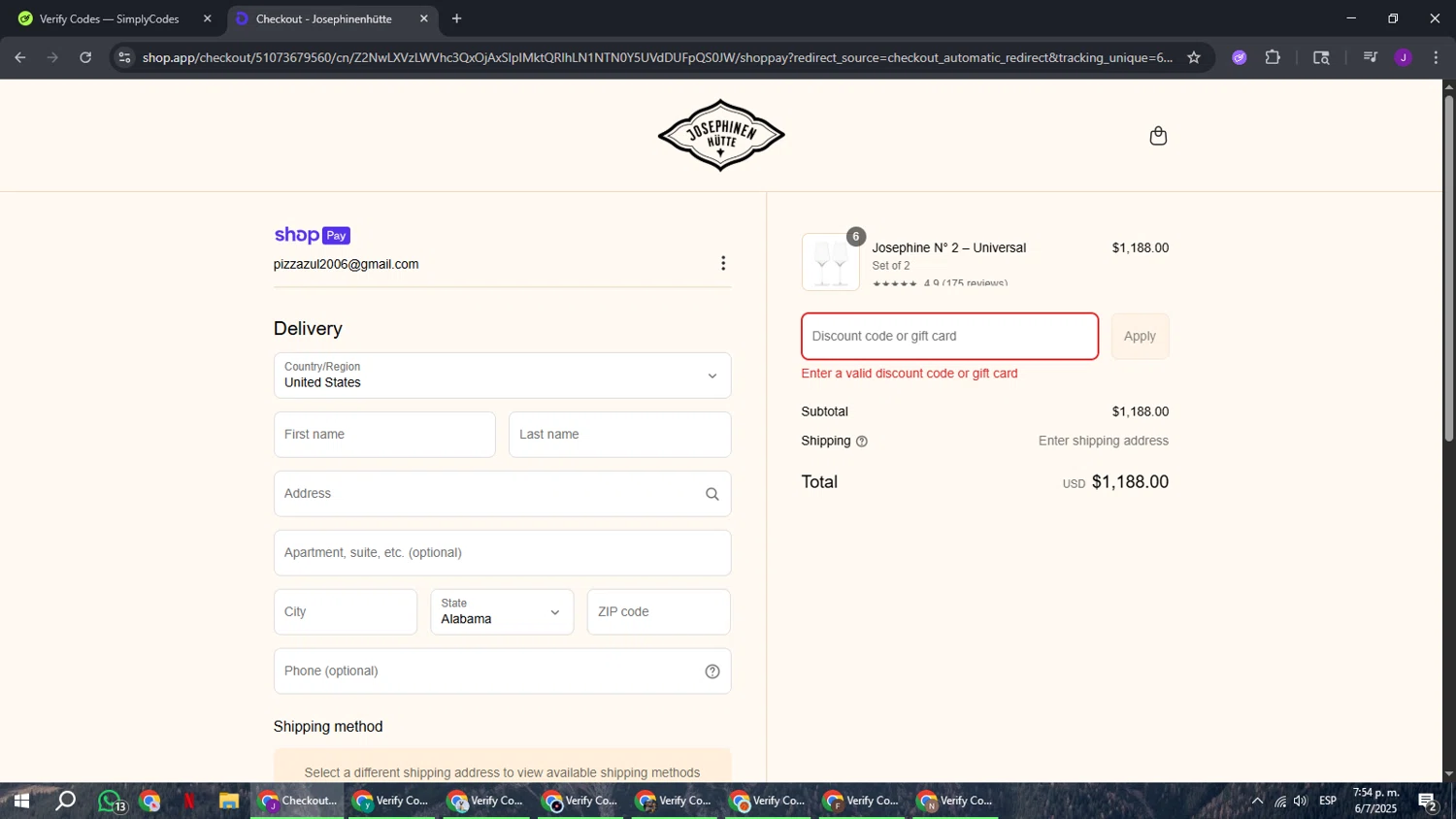Josephinenhütte promo code screenshot showing code JOY-GIFT-2024 applied at Josephinenhütte checkout page. Uploaded by SimplyCodes community member ComeBurra123 on Jul 6, 2025