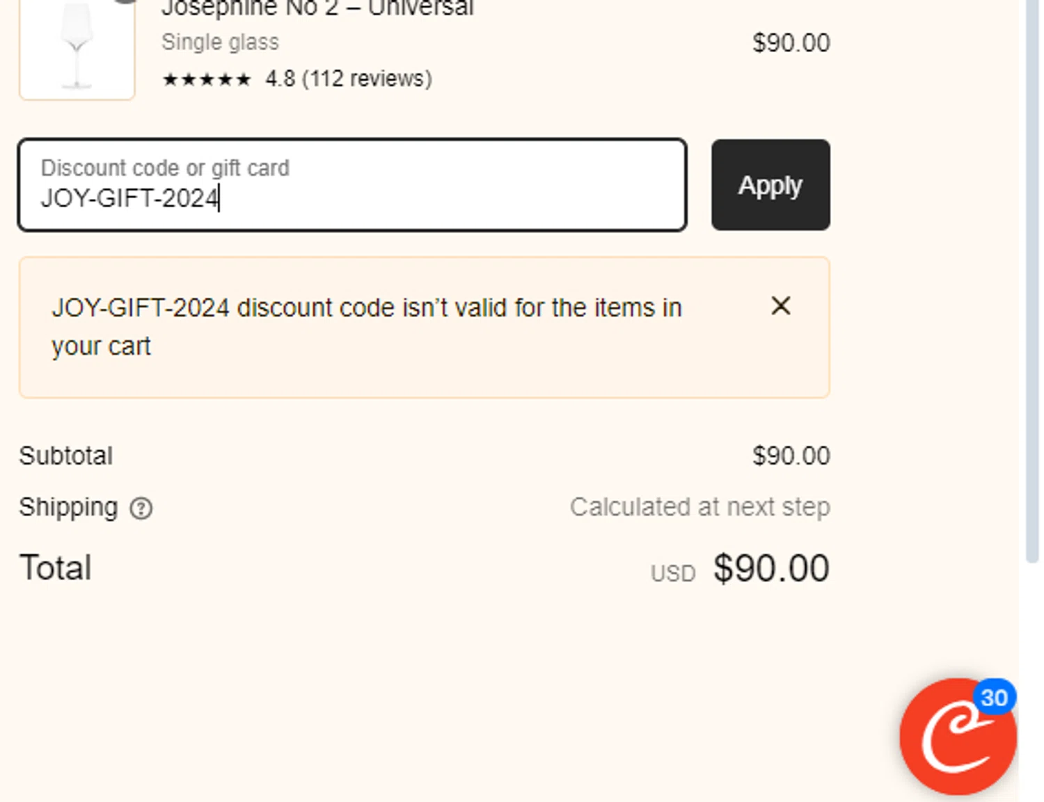 Josephinenhütte checkout page showing Josephinenhütte promo code box | Screenshot taken by SimplyCodes community member on May 1, 2024